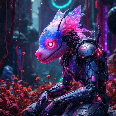 The primary subject of the image is a futuristic robot with a humanoid face, sitting in a flower garden. The robot has a mix of pink, blue, and purple colors, giving it a unique and eye-catching appearance. The setting is a flower garden with a variety of flowers surrounding the robot. The visual style of the image is a combination of digital art and illustration, creating a surreal and imaginative scene. The overall atmosphere of the image is one of creativity and wonder, as the robot